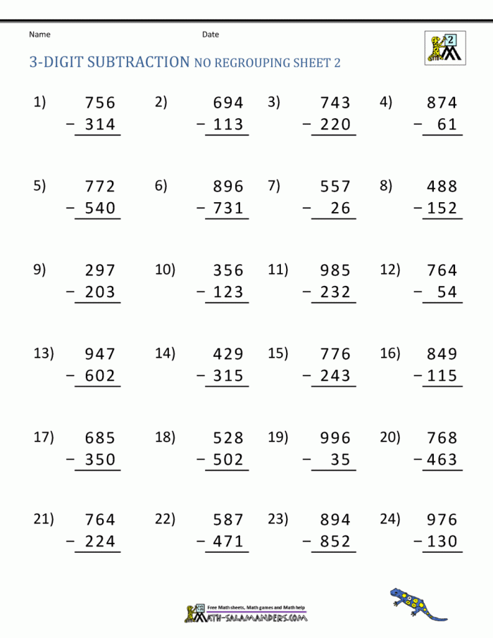 Digit Subtraction Worksheets