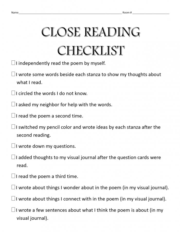 Close Reading Checklist Is For Students To Use When Reading A Poem
