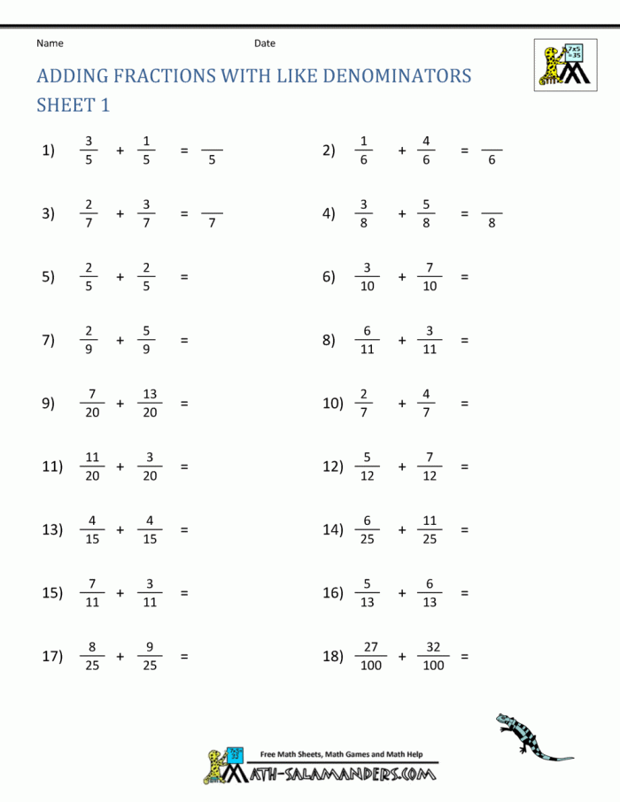 Adding Fractions Worksheets