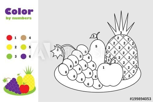 Fruit On The Plate In Cartoon Style  Color By Number  Education