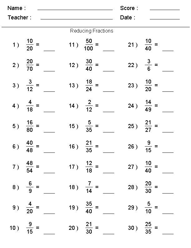 5th Fractions Worksheets