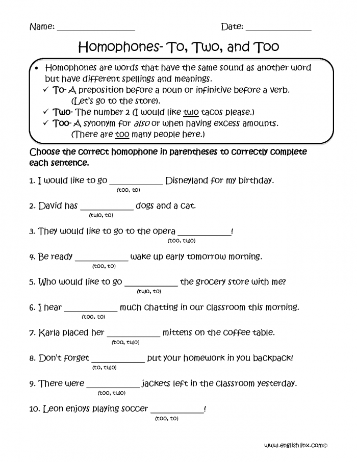 Homophones To Too Or Two Worksheets 99Worksheets