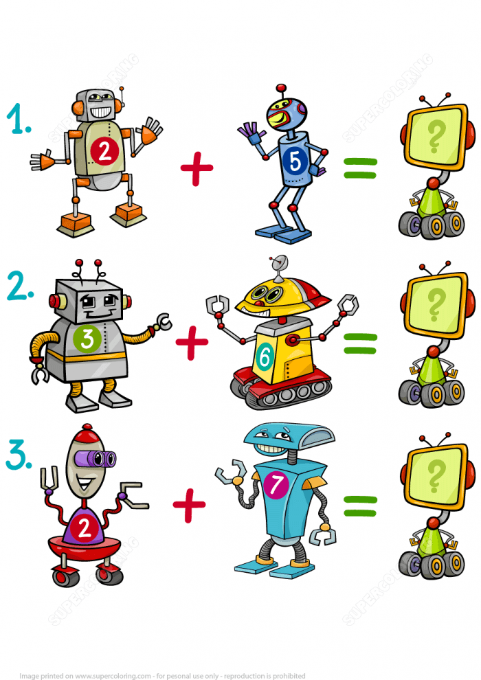 Addition Of Robots Math Puzzle Worksheet