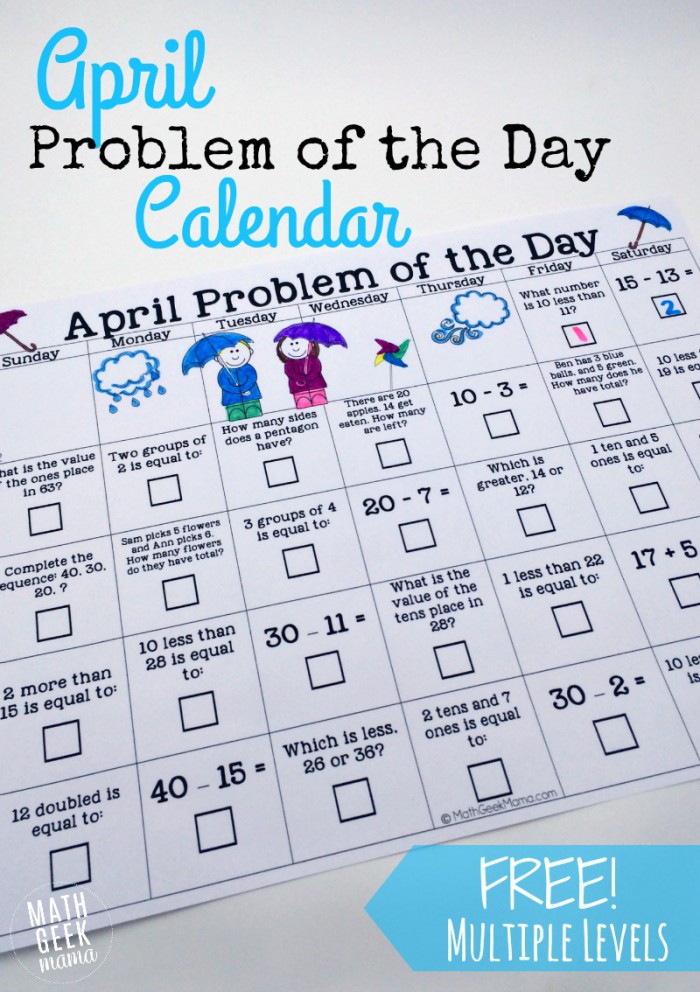 April Math Problem Of The Day Calendar Free