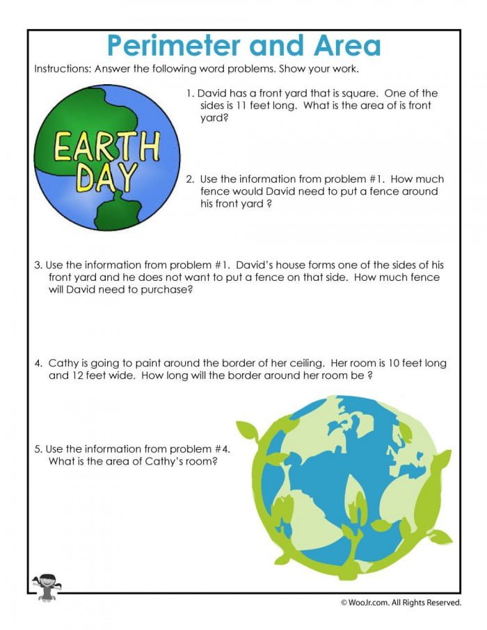 Area And Perimeter Word Problem Worksheets For Earth Day