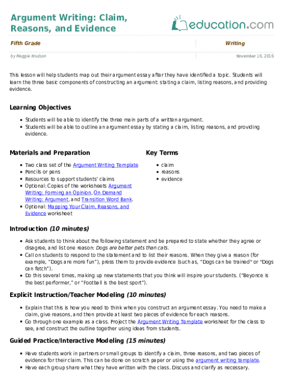 Argument Writing Claim  Reasons  And Evidence