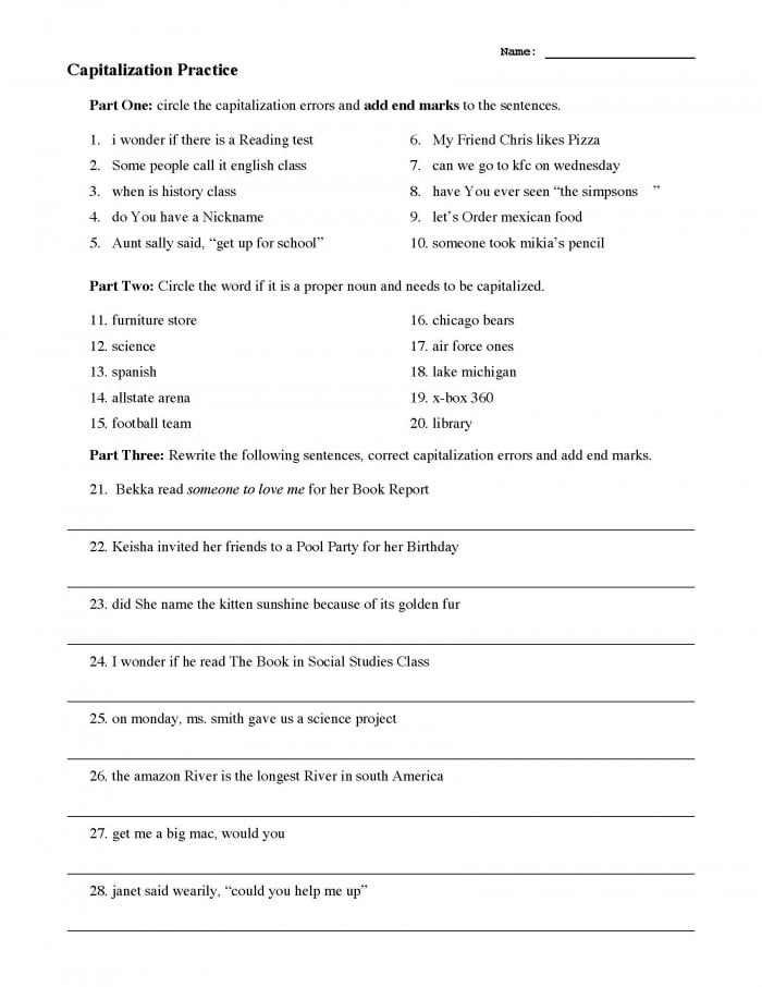 Capitalization Practice Worksheet