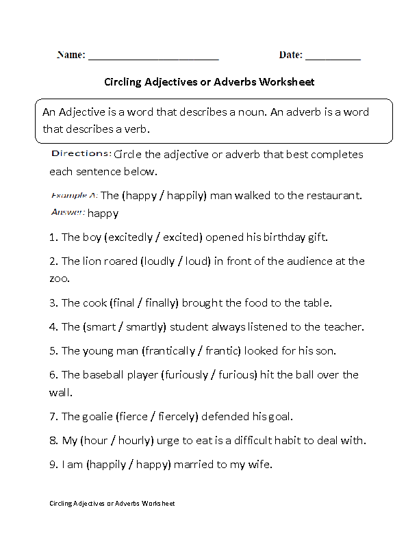 Identifying Nouns Verbs Adjectives And Adverbs Worksheets With Answers