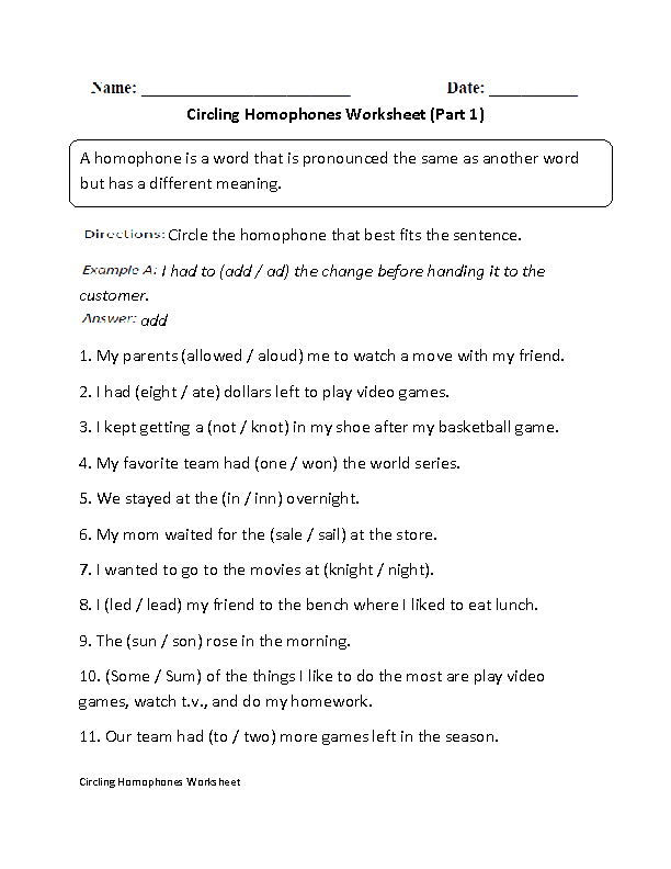 Circling Homophone Worksheet Part