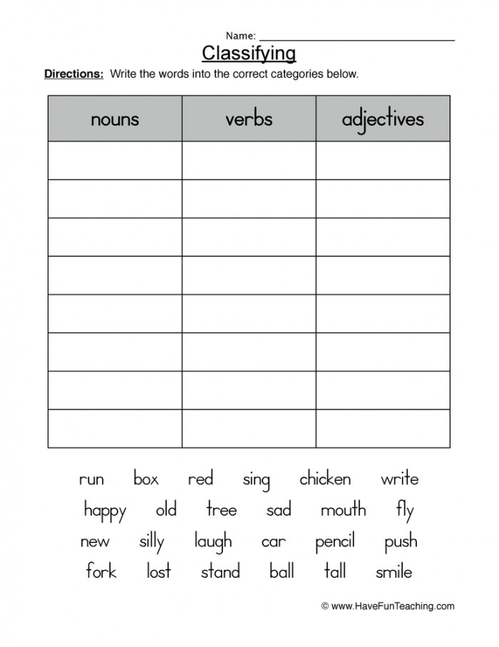 Adjectives Verbs And Nouns Worksheet