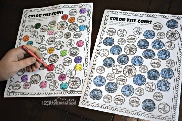 Free Color The Coins Money Worksheets