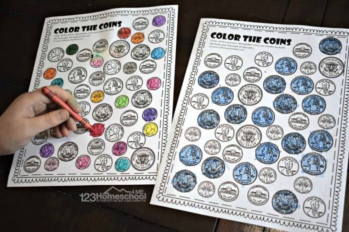 Free Color The Coins Money Worksheets