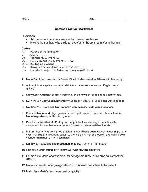 Comma Practice Worksheet