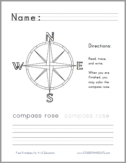Compass Rose Handwriting And Coloring Worksheet