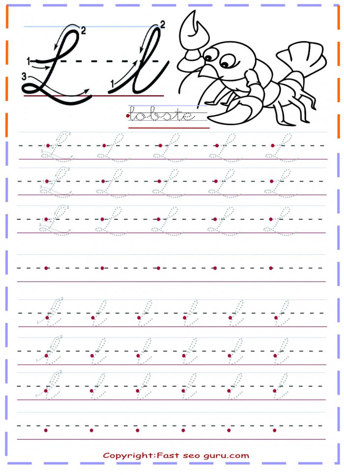Cursive Handwriting Practice Tracing Worksheets Letter L For