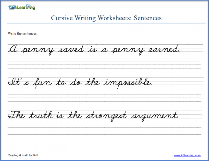 Writing Cursive Sentences Worksheets