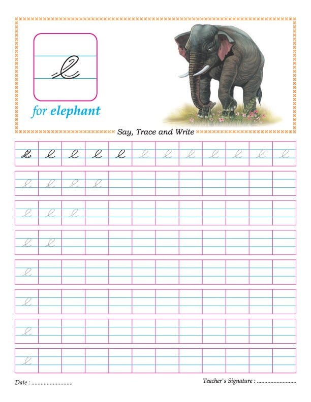 Cursive Handwriting: “E” Is For Elephant Worksheets | 99Worksheets