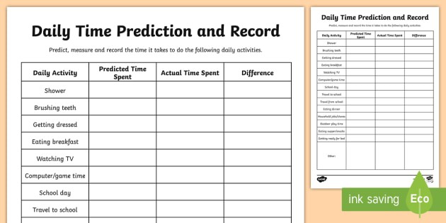 Daily Activities Time Prediction And Record Worksheet  Worksheet