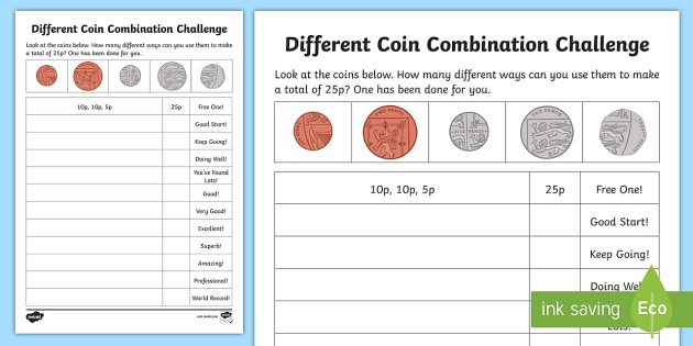 Different Coin Combination Challenge Worksheet  Worksheet