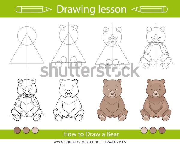 Drawing Lesson Children Tutorial Drawing Bear Stock Vector