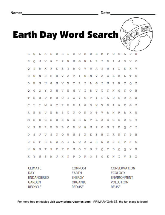 Earth Day Wordsearch Puzzle  Free Printable Ebook