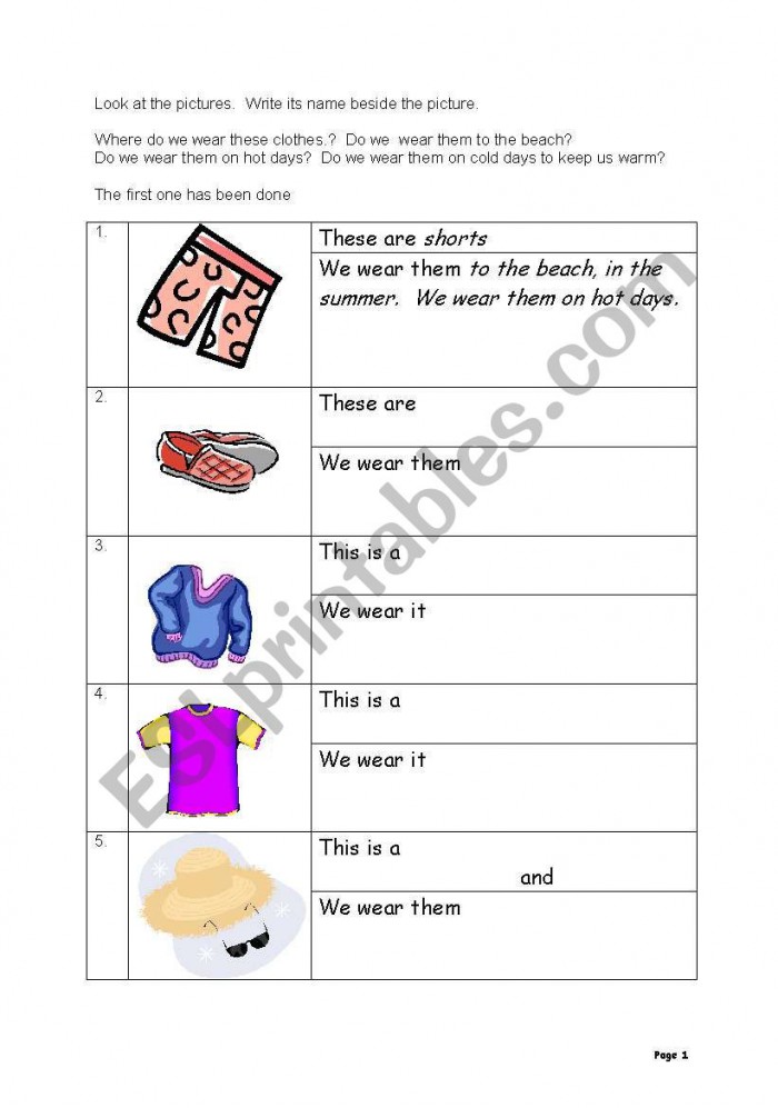 English Worksheets We Wear Our Clothes Page