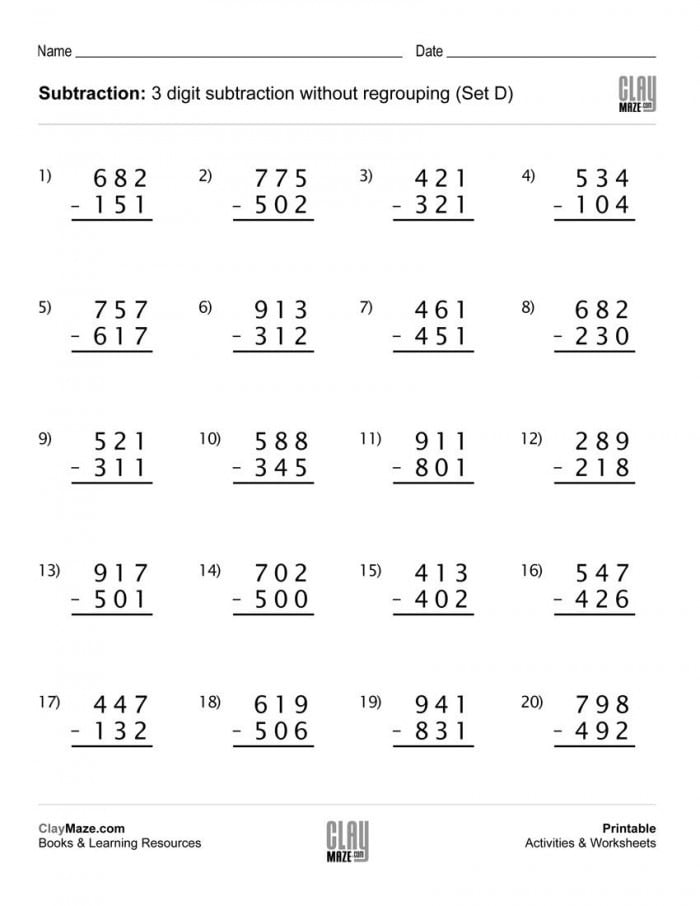 Subtraction Worksheet   Digit Subtraction Without Regrouping