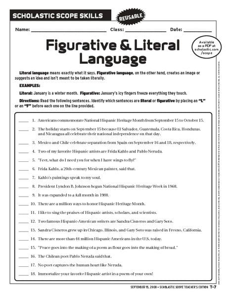 Figurative And Literal Language Worksheet For Th