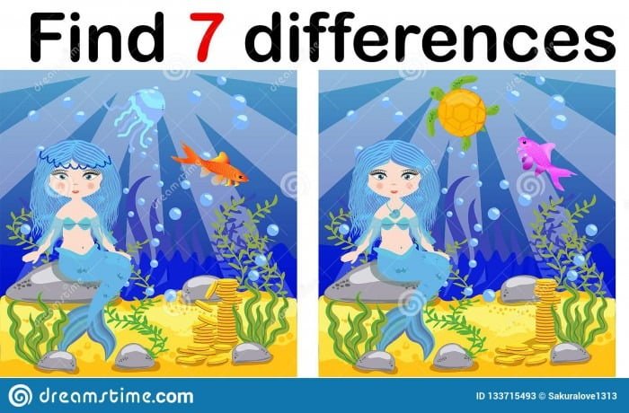 Find Differences  Game For Children  Mermaid Underwater In Cartoon