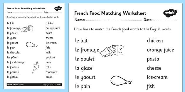 French Food Matching Words Worksheet