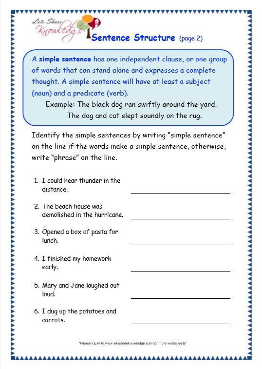 Grade  Grammar Topic  Sentence Structure Worksheets