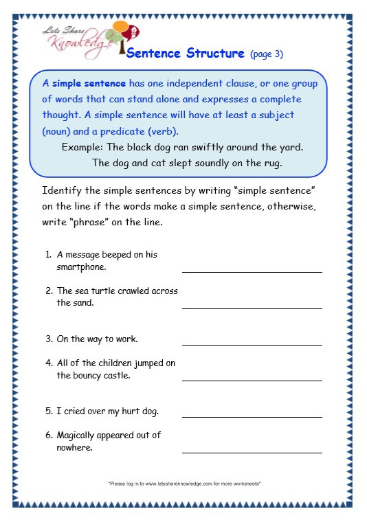 Grade  Grammar Topic  Sentence Structure Worksheets