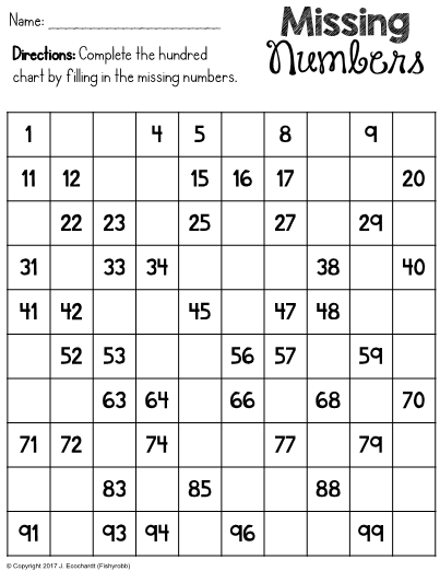 Hundred Chart Missing Numbers Worksheet