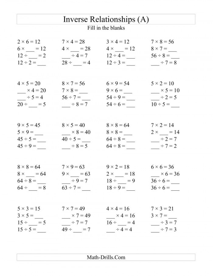 Inverse Operations Multiplication Worksheets