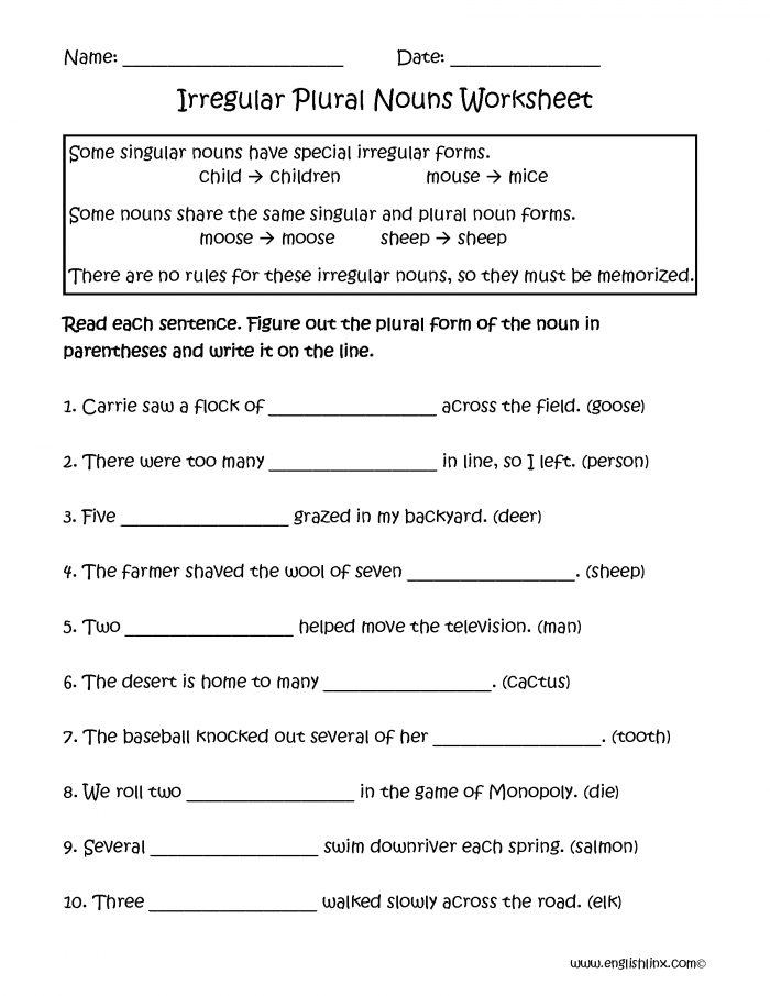 Irregular And Regular Plural Nouns Worksheets