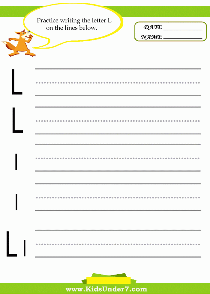 Kids Under  Letter L Practice Writing Worksheet
