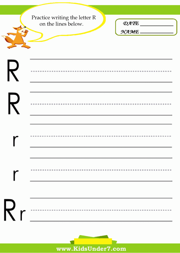 Kids Under  Letter R Practice Writing Worksheet