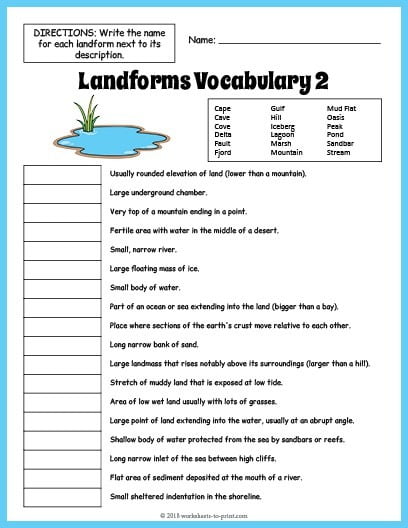 Landforms Vocabulary Worksheet