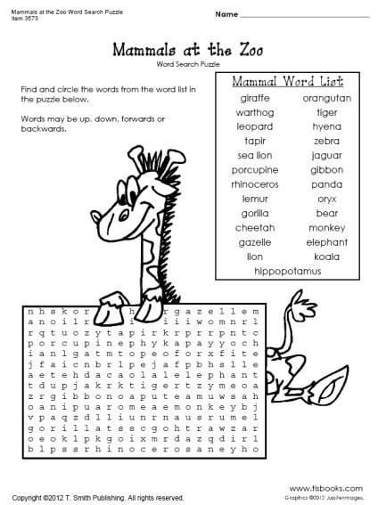 Mammals At The Zoo Word Search Puzzle
