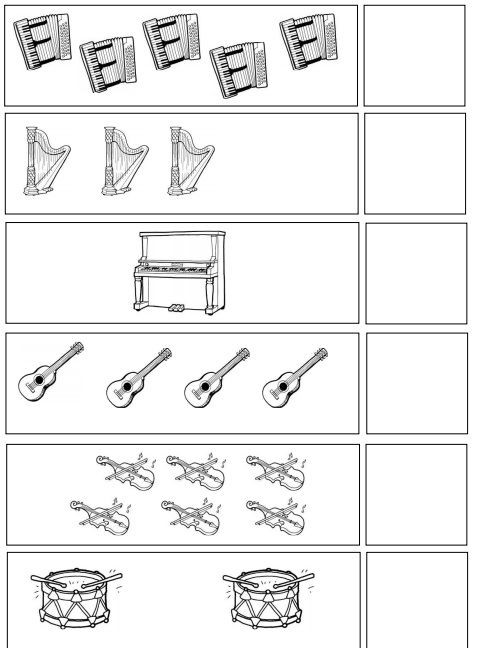 Musical Instruments Number Count Worksheet For Kindergarten