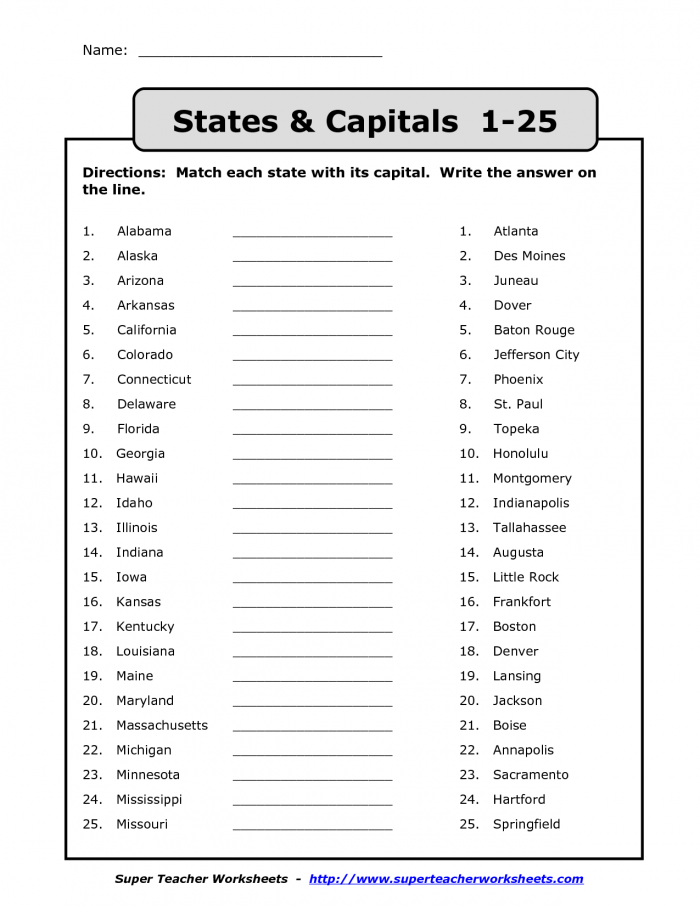Name States Capitals   Directions Match Each State With Its