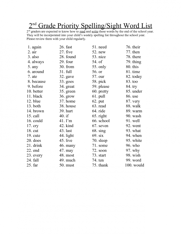 Nd Grade Sight Word List Printable