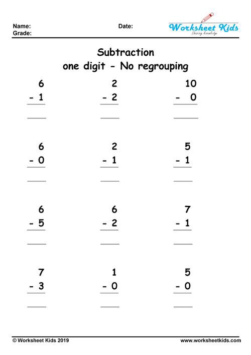 One Digit Subtraction No Regrouping Worksheets
