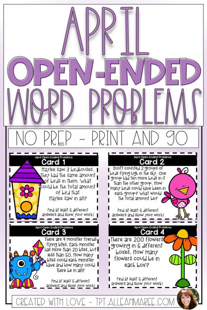 Open Ended Word Problem Task Cards For April
