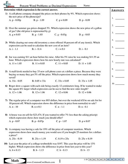 Percent Word Problems As Decimal Expressions Worksheet