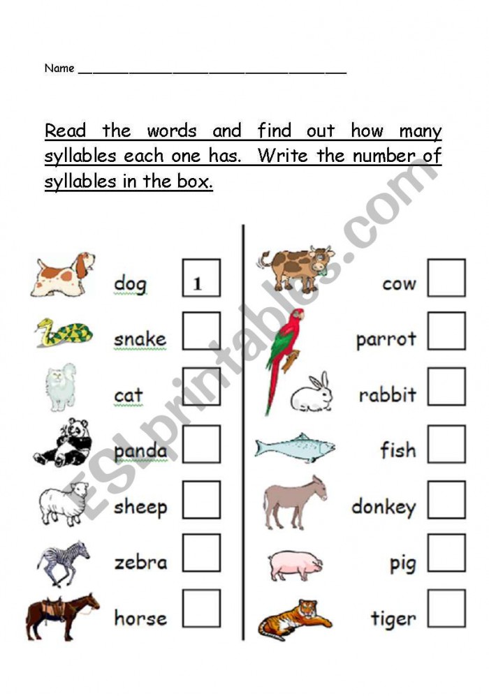 Count The Syllables: Animals Worksheets | 99Worksheets