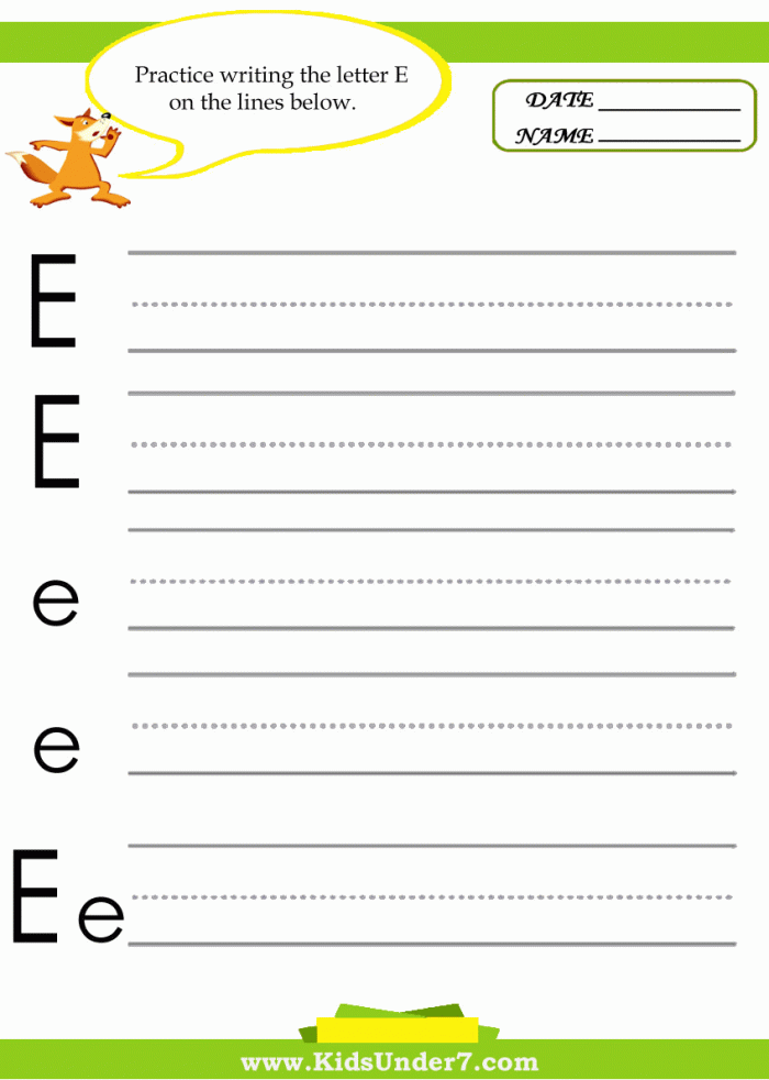 Kids Under  Letter E Practice Writing Worksheet