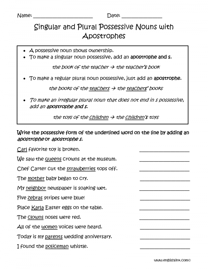 Singular And Plural Possessive Nouns With Apostrophes Worksheets