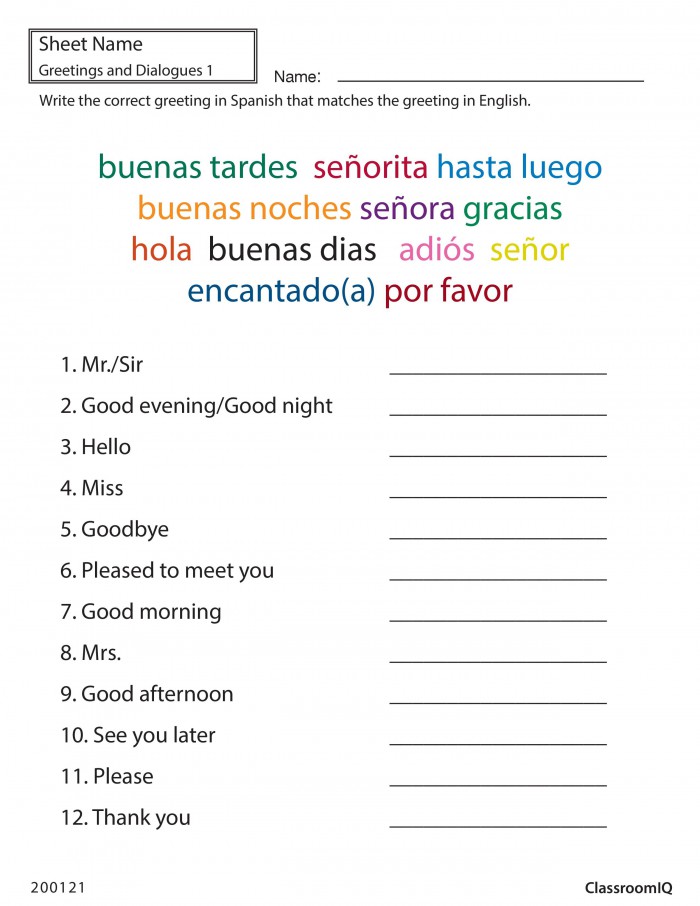 Spanish Greetings Matching Classroomiq Spanishworksheets