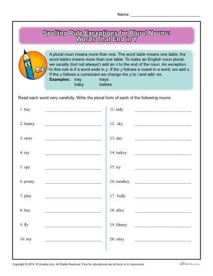 Plural Nouns Ending In Y Worksheet